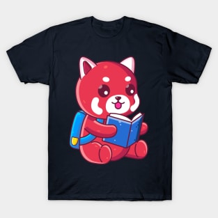 Cute school red panda reading book T-Shirt